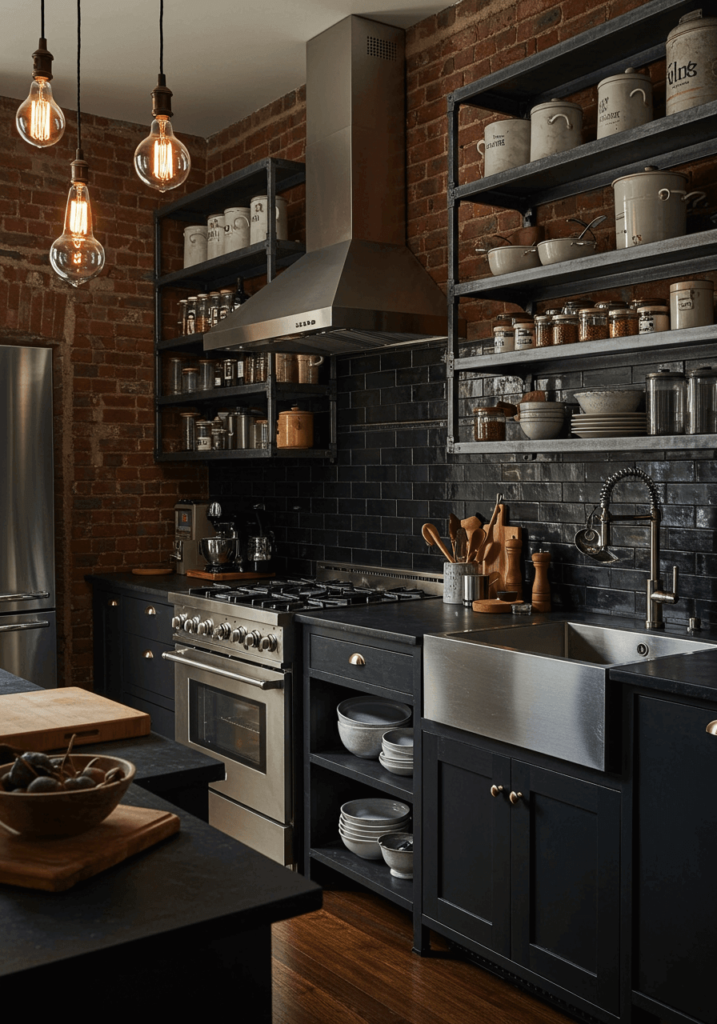 Industrial Dark Kitchen with Exposed Brick Charm