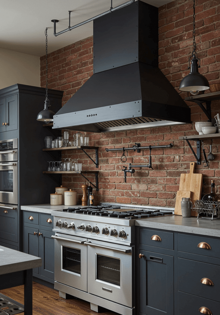 Industrial Kitchen Hood with Exposed Pipes and Matte Black Finish