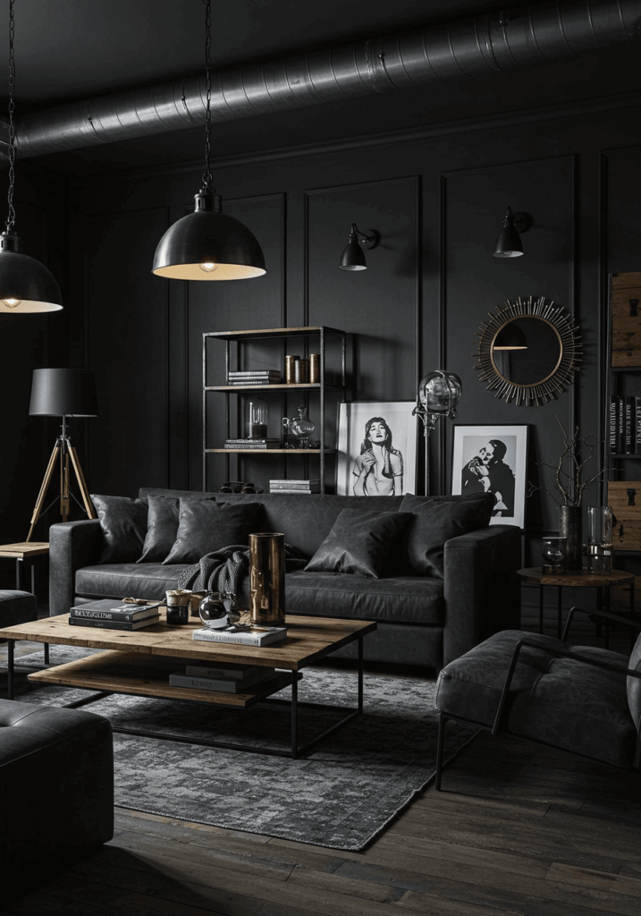 Industrial dark charcoal living room