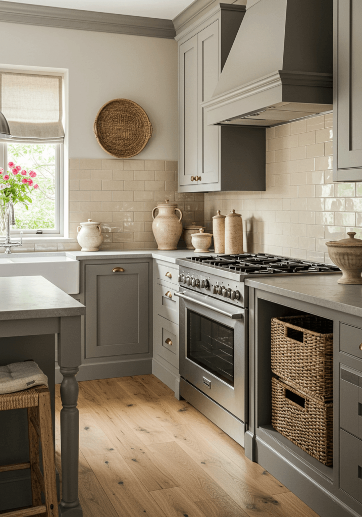 Inviting Kitchen with Beige Tiles and Oak Wood Flooring