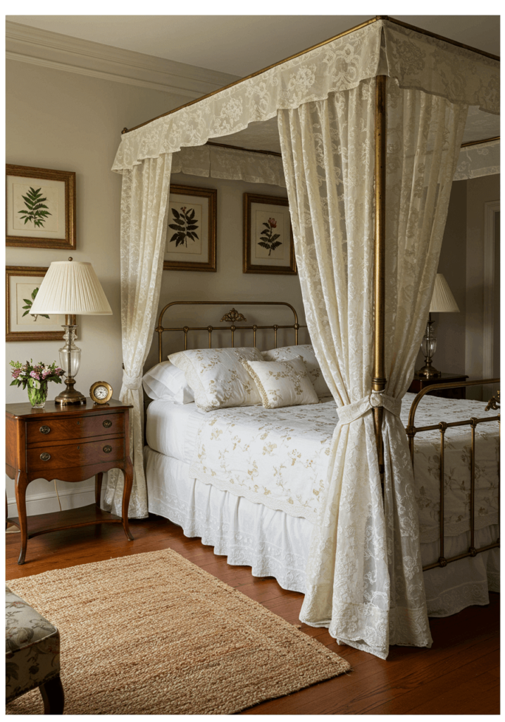 Iron Canopy Bed with Botanical Art