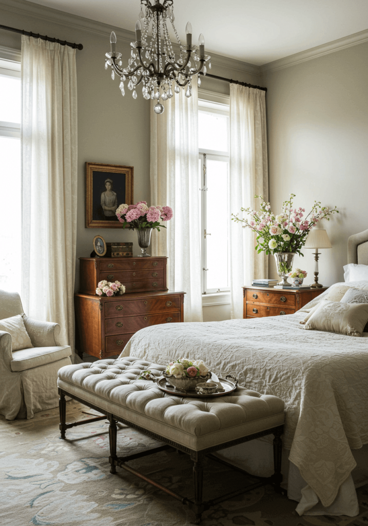 Lace Curtains and Tufted Ottomans