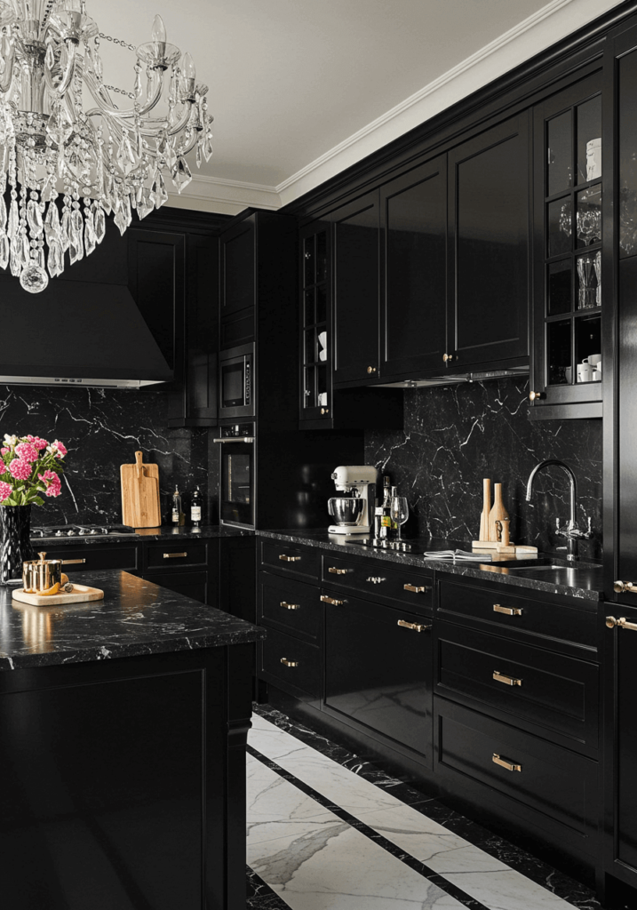 Lavish Dark Kitchen with High-Gloss Cabinets and Crystal Lighting