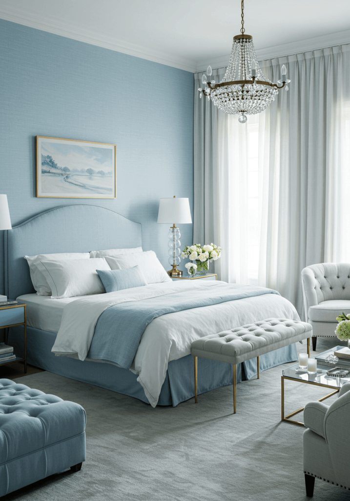 Light Blue Bedroom with Linen Bedding & Large Windows