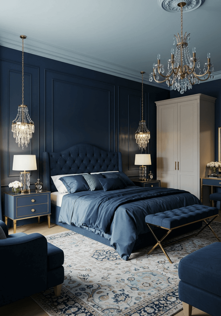 Light Blue Ceiling with Navy Wall & Silk Bedding