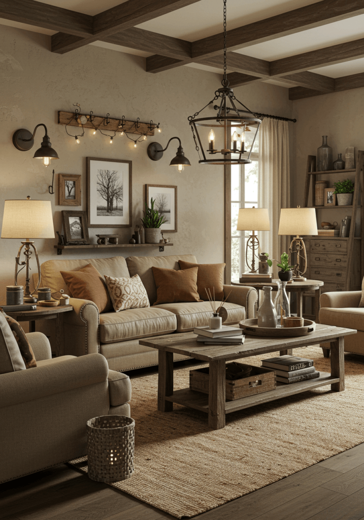 Living room featuring primitive-style lighting with iron sconces