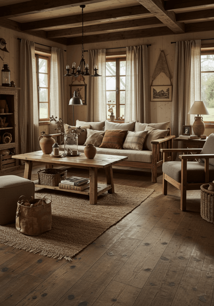 Living room in primitive farmhouse style with rough wood flooring