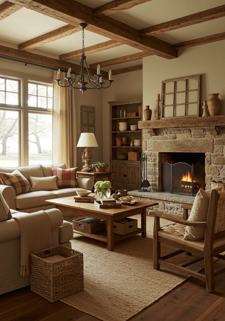 Living room with a primitive farmhouse vibe