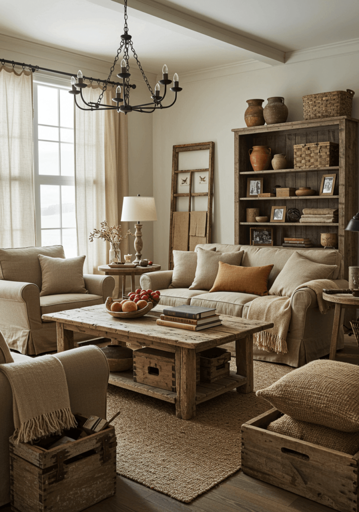 Living room with a rustic, primitive charm featuring distressed wood accents