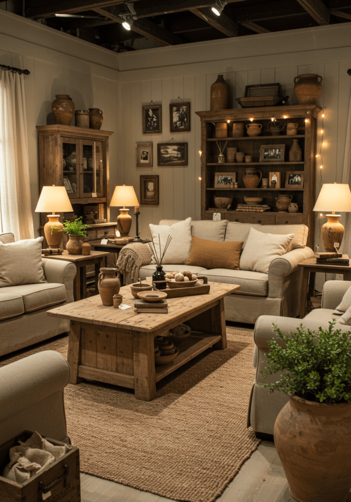 Living room with antique primitive furniture, rustic pottery, and muted earthy colors.