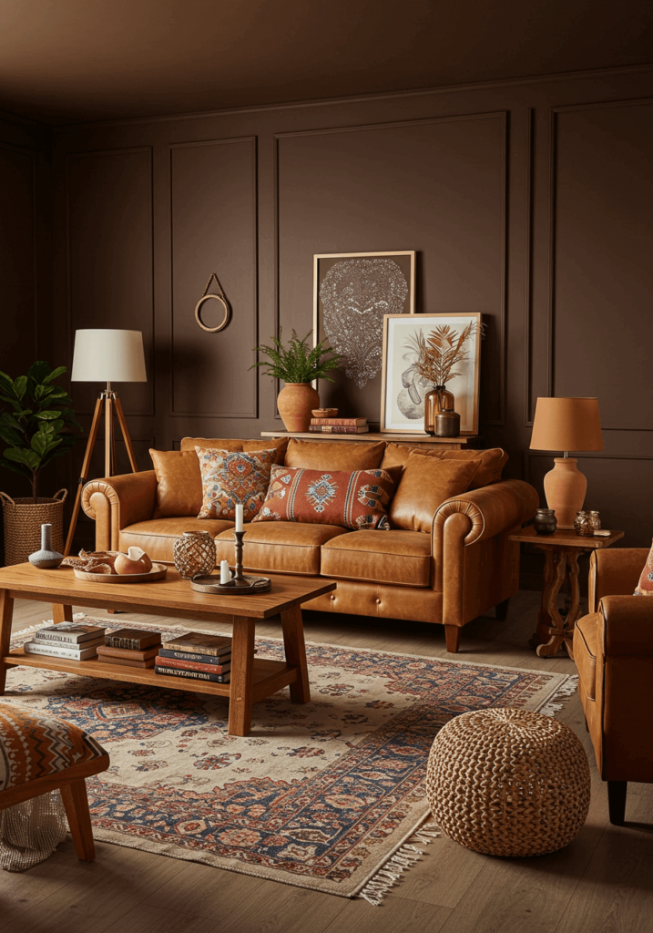 Living room with chocolate brown walls