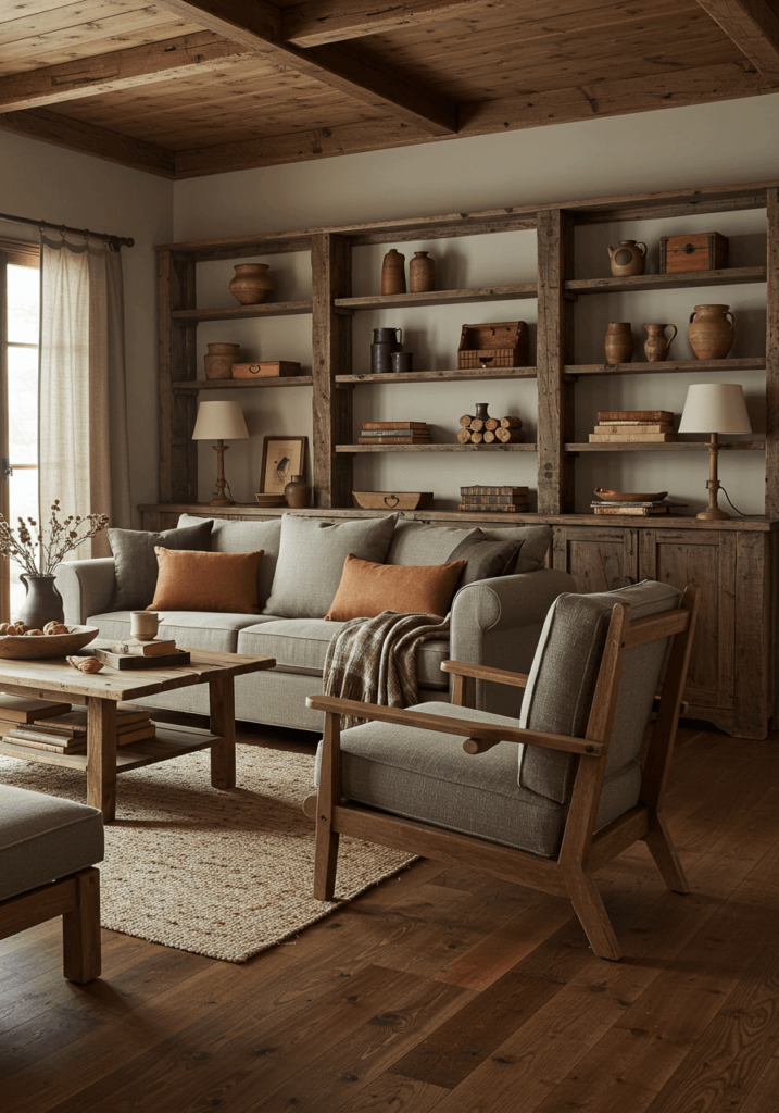 Living room with primitive-inspired shelving units