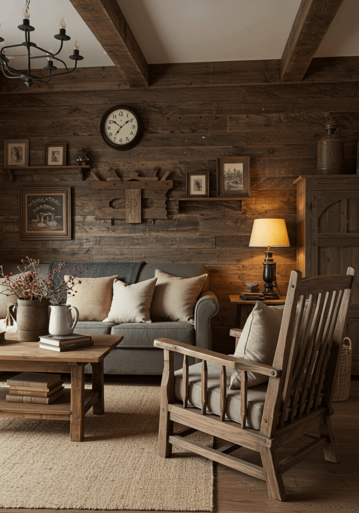 Living room with rustic wooden walls