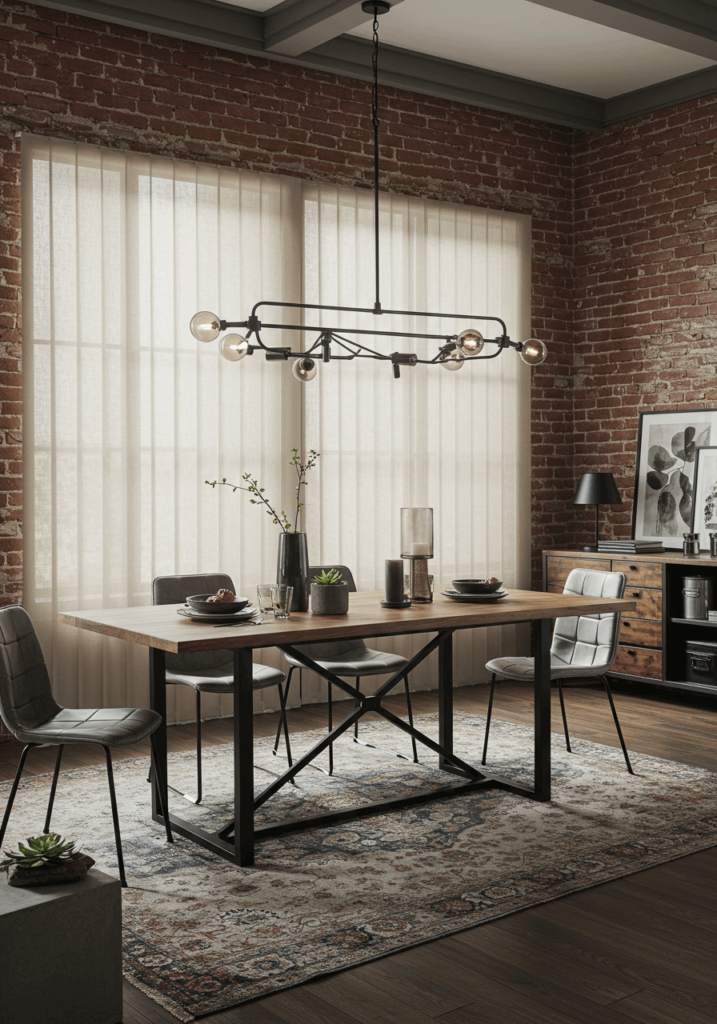 Loft-Style Dining with Industrial Sheer Shades