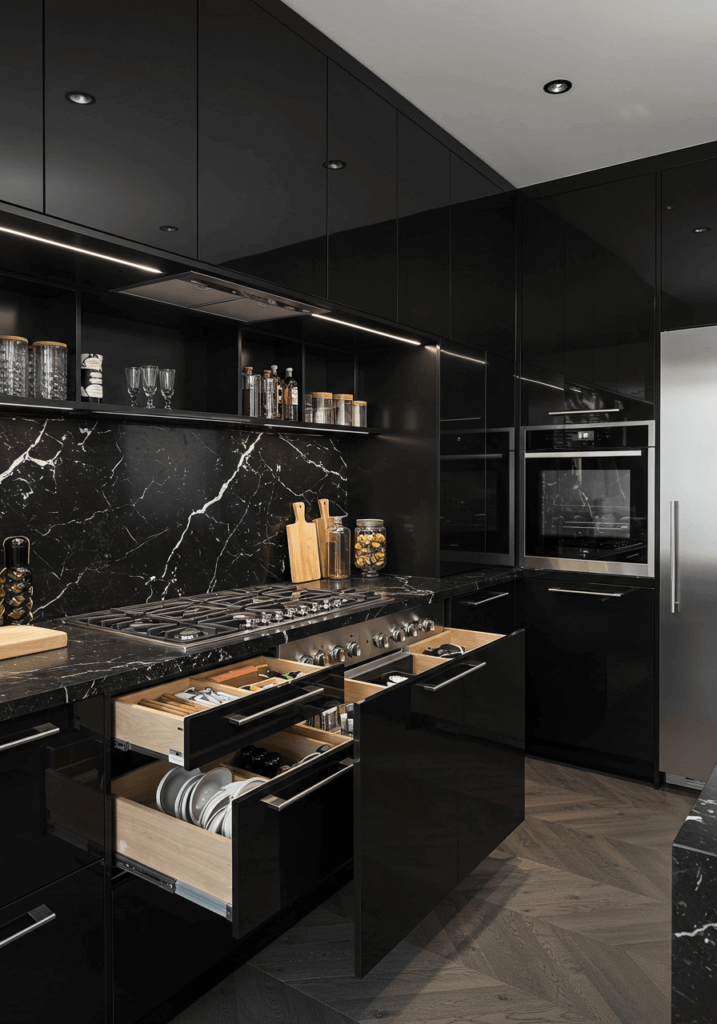 Luxurious Dark Kitchen with Smart Storage and High-End Finishes