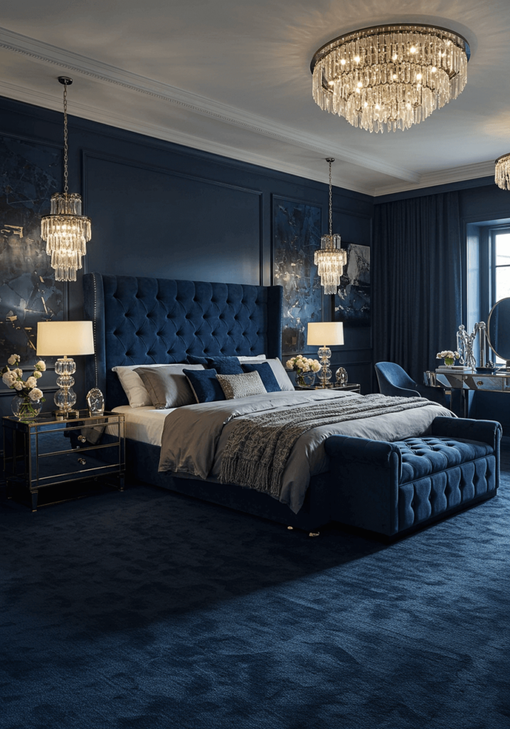 Luxurious Deep Blue Bedroom with Crystal Chandeliers