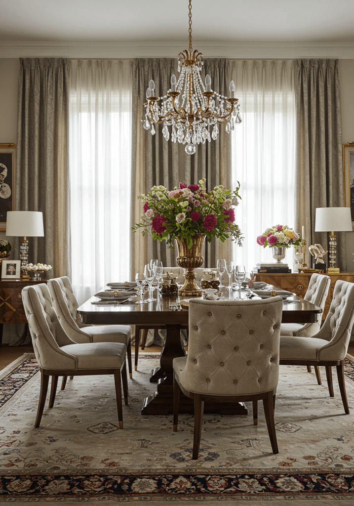 Luxurious Dining with Layered Window Treatments