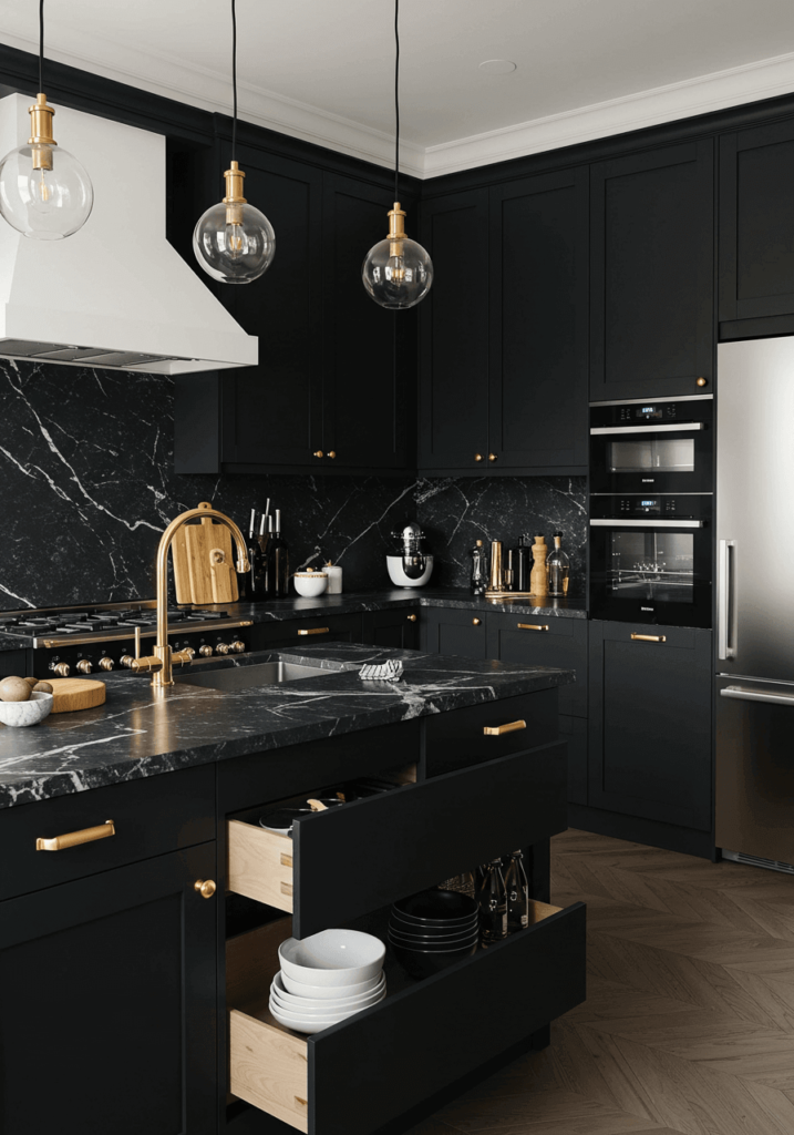 Luxurious Matte Black Kitchen with Gold Accents