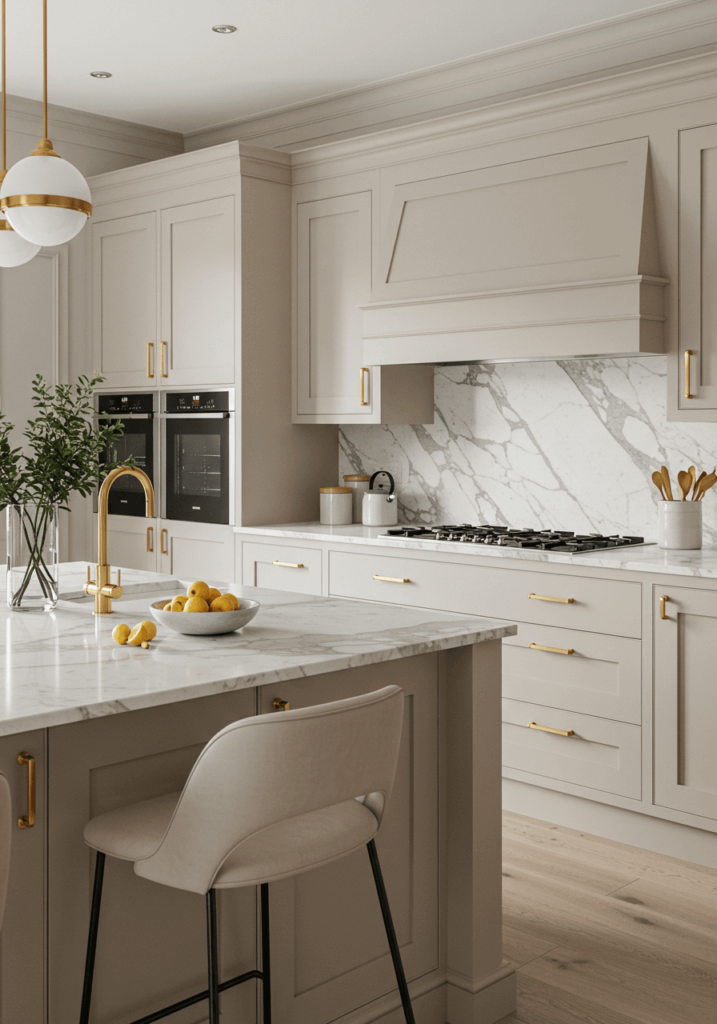 Luxurious Neutral Kitchen with Marble Backsplash and Brass Accents