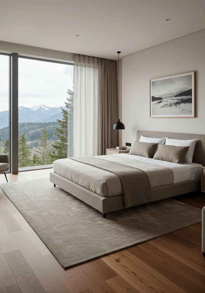 Luxury Bedroom with Mountain Views & Minimal Decor