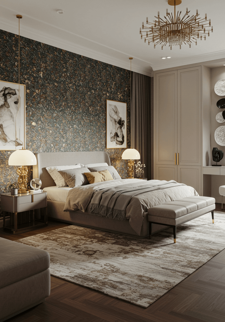 Luxury Bedroom with Statement Wallpaper & Art