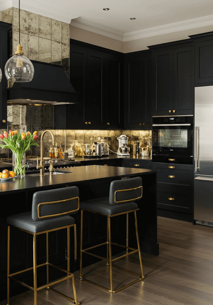 Luxury Dark Kitchen with Mirrored Backsplash and Gold Accents