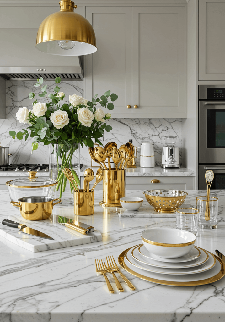 Marble Counter with Metallic Utensils