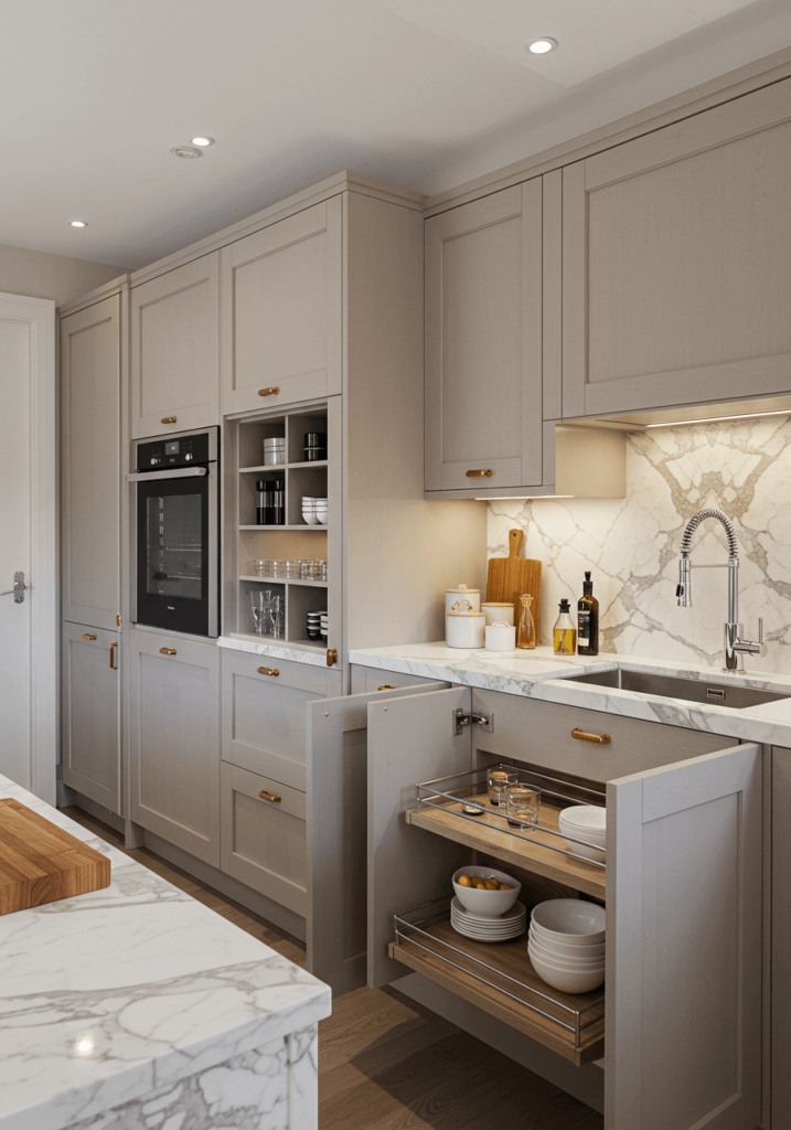 Marble-Finished Kitchen Cabinets with Smart Storage