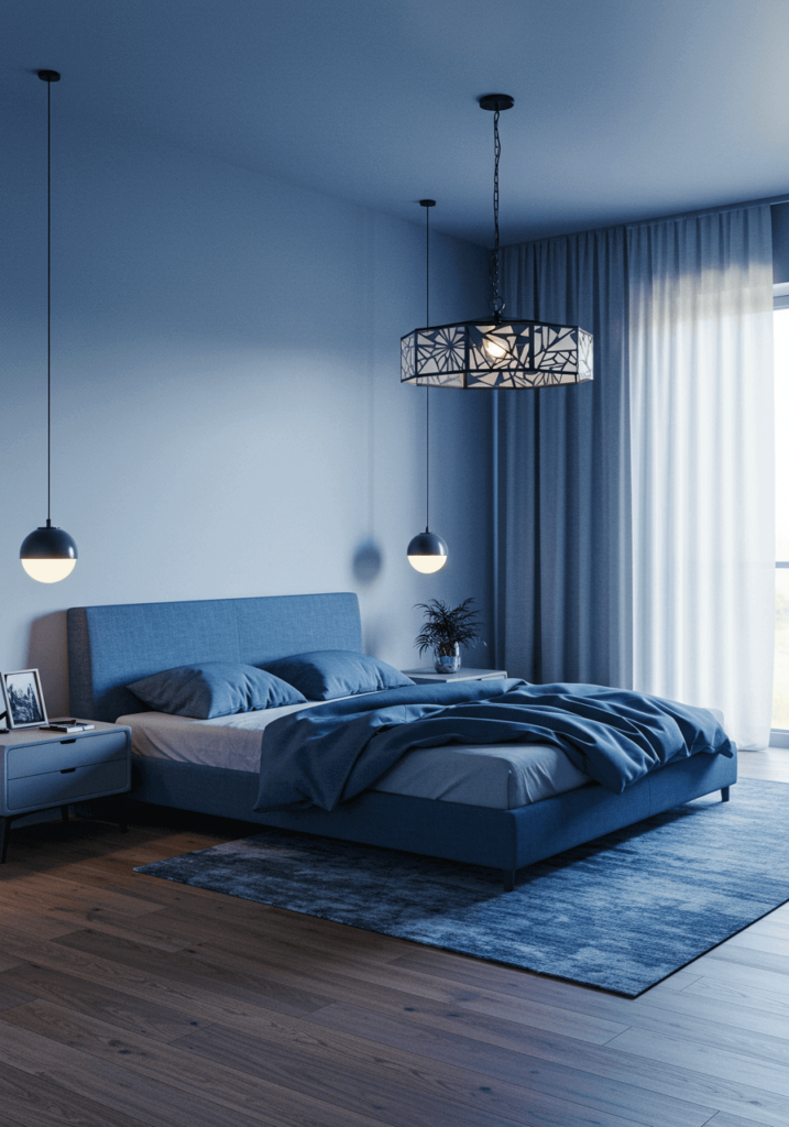 Minimalist Blue Bedroom with Clean Lines & Statement Light