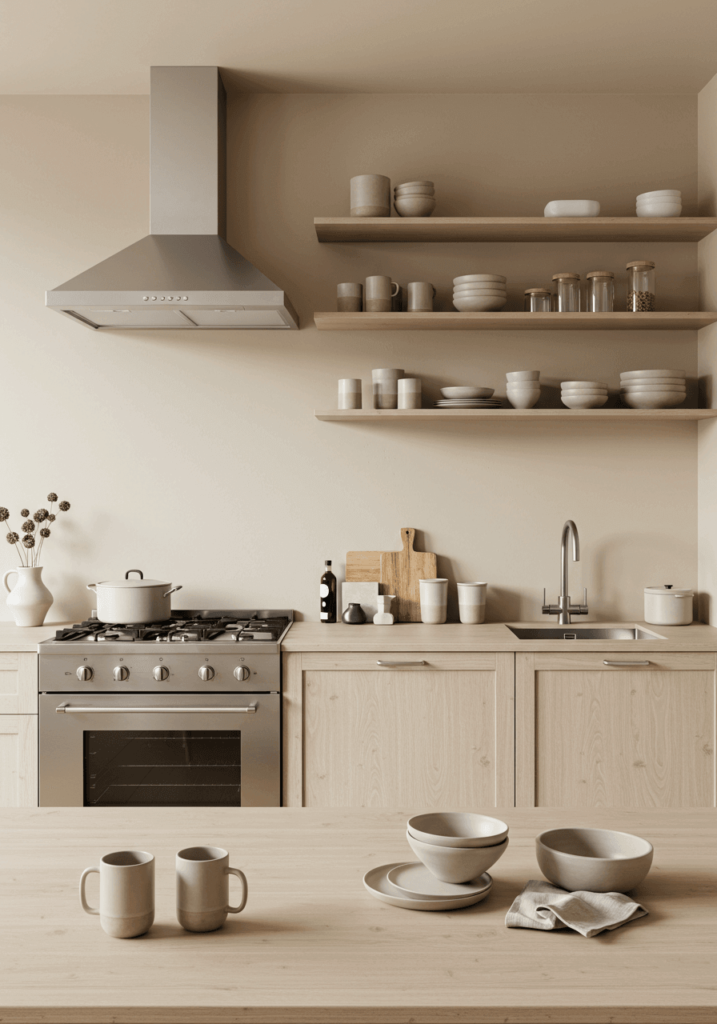 Minimalist Warm Neutral Kitchen with Light Wood Counters