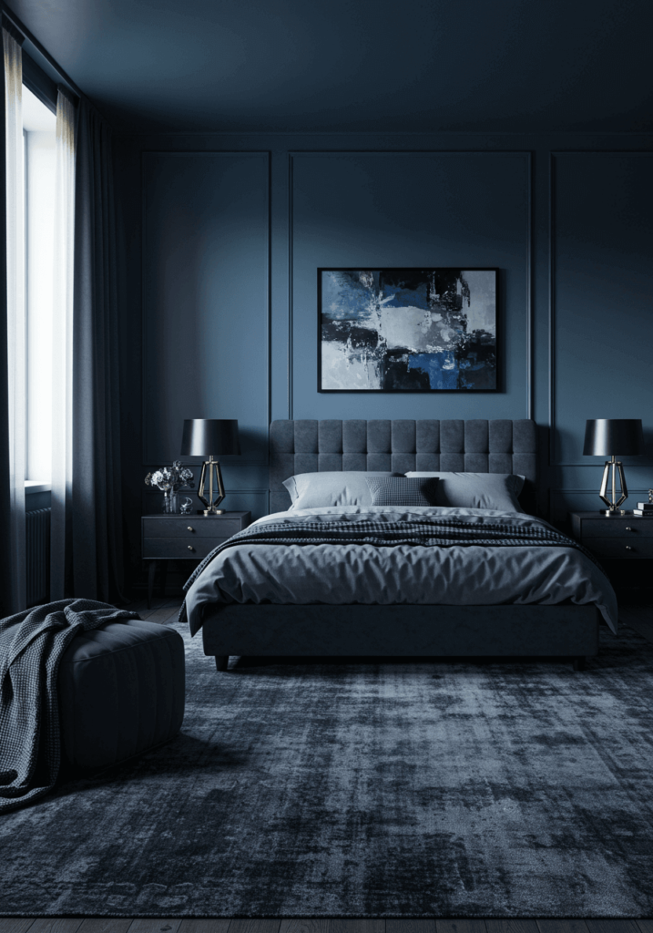 Modern Bedroom with Charcoal and Blue Accents