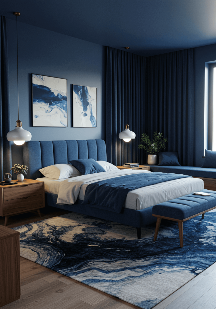 Modern Blue Bedroom with Abstract Rug & Navy Curtains