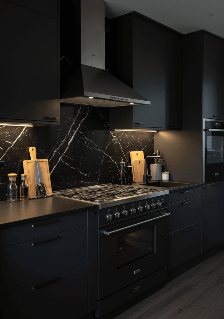 Modern Dark Kitchen with Hidden Appliances and Black Marble