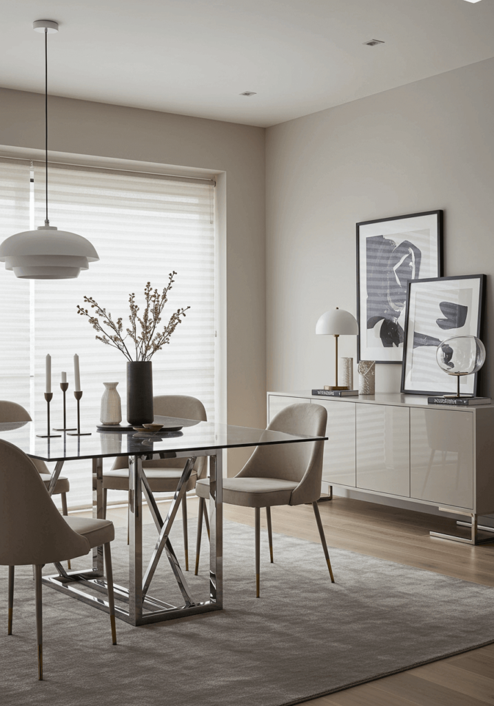 Modern Dining with Neutral Roller Shades