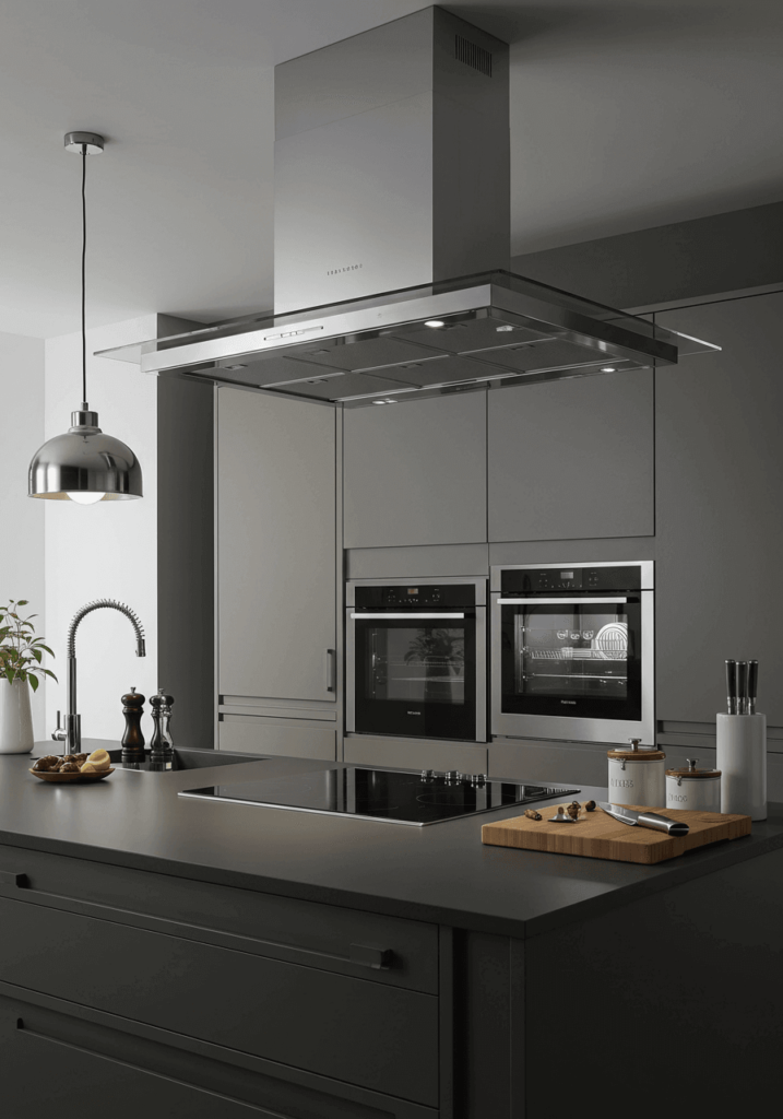 Modern Island Kitchen Hood with Glass and Chrome Accents