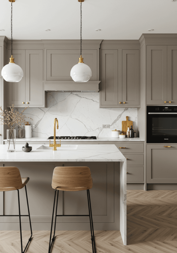 Modern Kitchen with Taupe Cabinets and Marble Counters