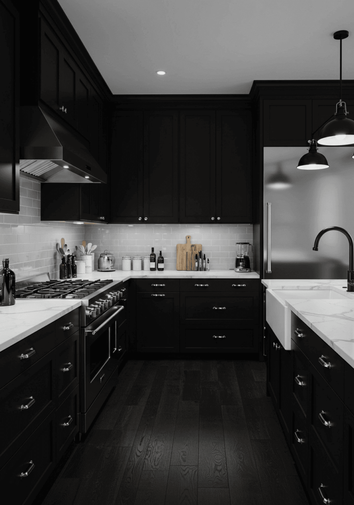 Monochromatic Dark Kitchen with Moody Ambiance