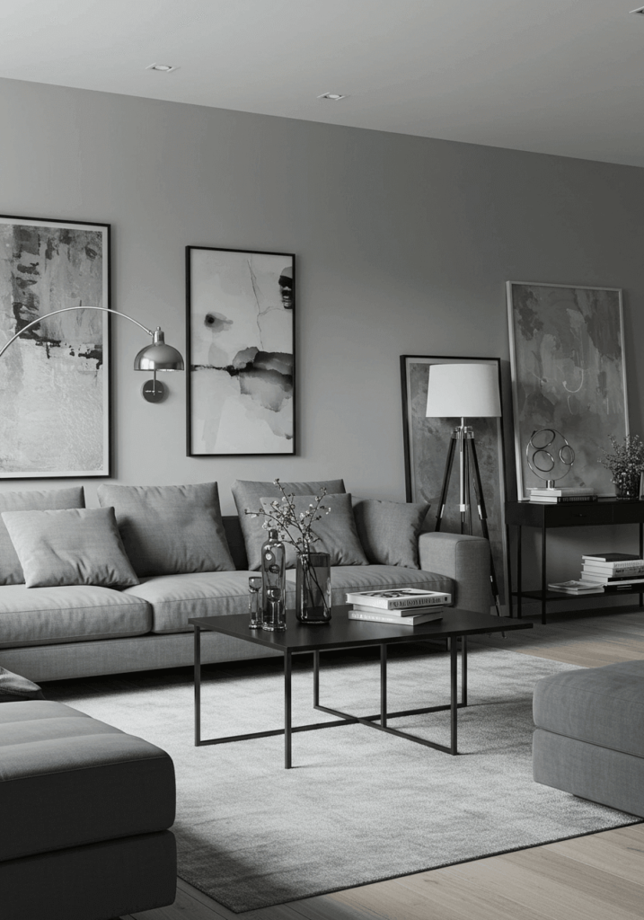 Monochrome grey living room with sleek metallic decor