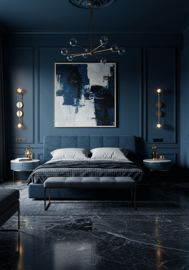 Moody Blue Bedroom with Abstract Wall Art