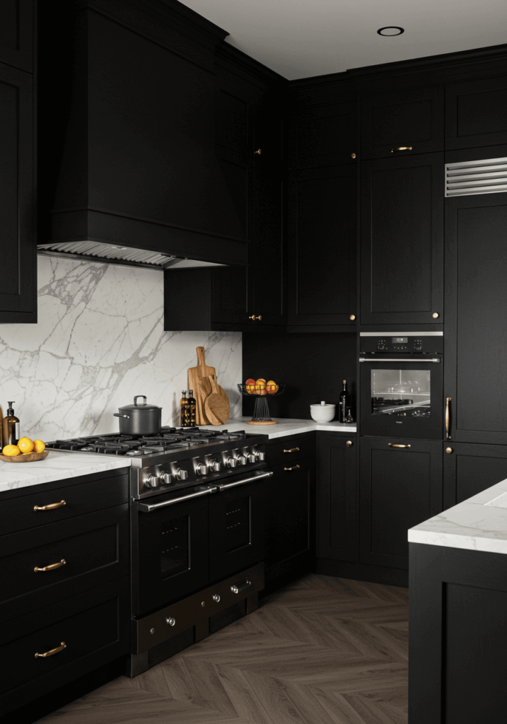 Moody Dark Kitchen with Marble Backsplash and Oversized Windows