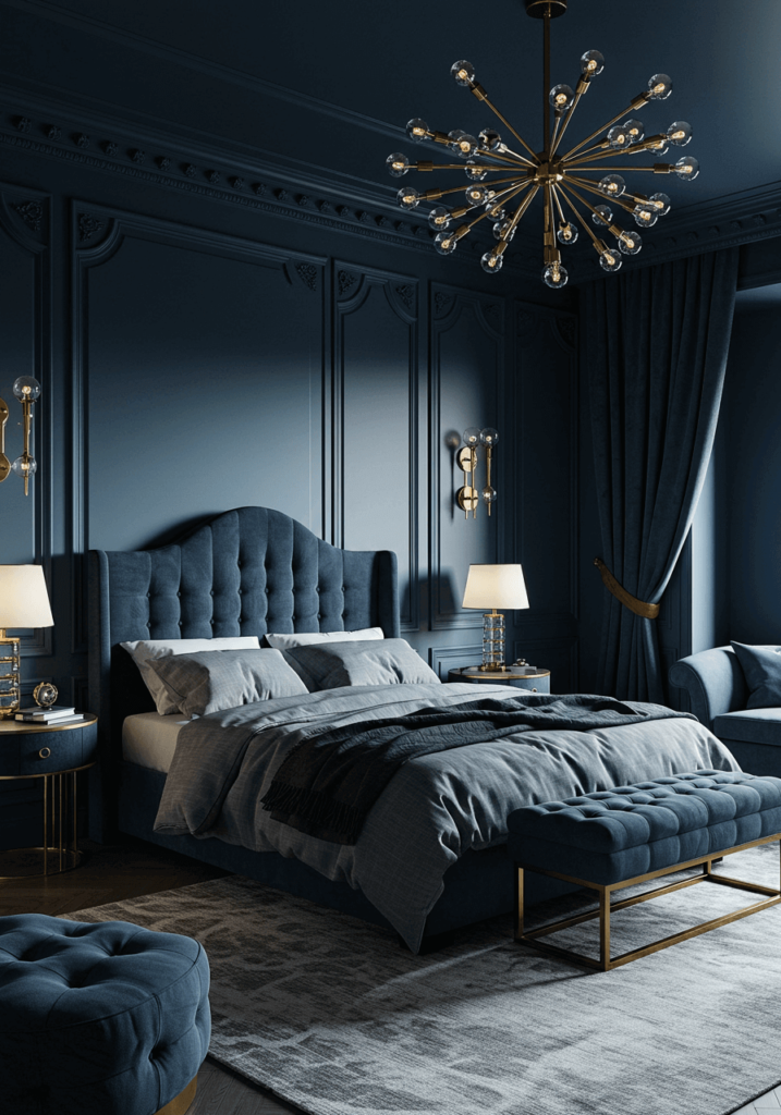 Moody Midnight Blue Bedroom with Velvet Accents