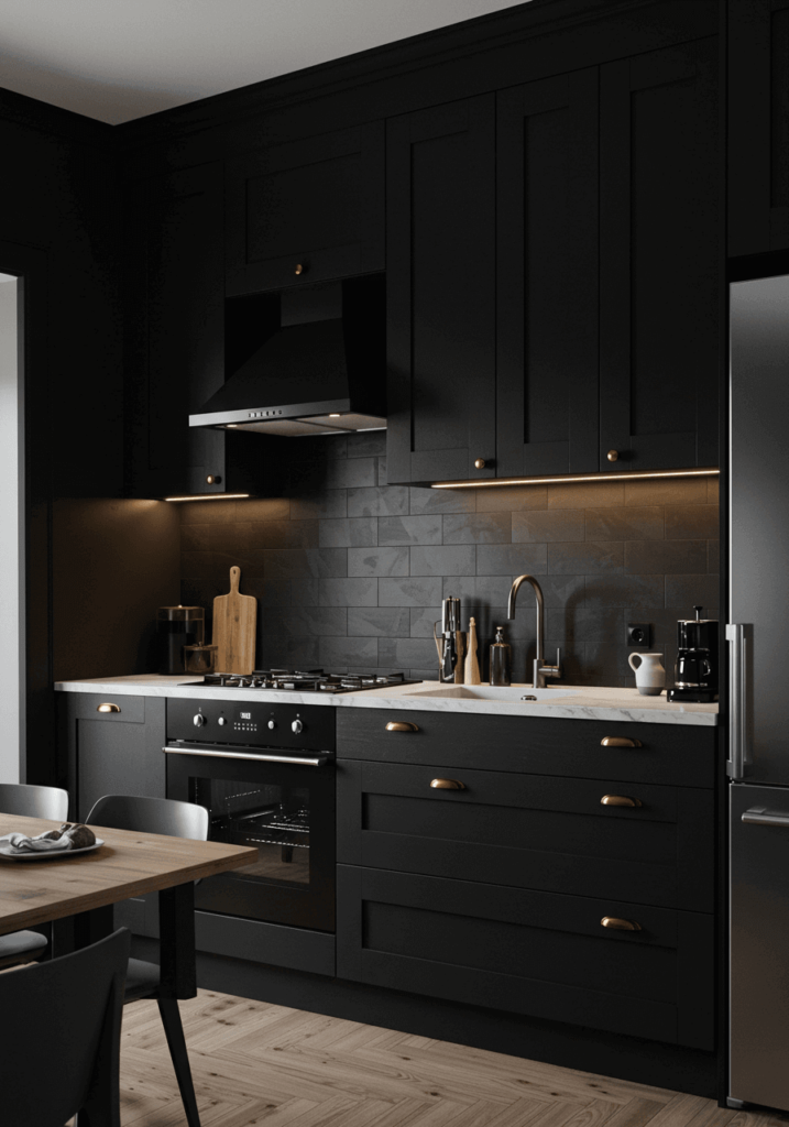 Moody Scandinavian Dark Kitchen with Warm Wood Accents