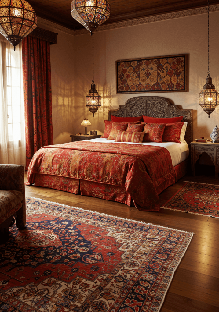 Moroccan Bedroom with Vibrant Colors & Lanterns