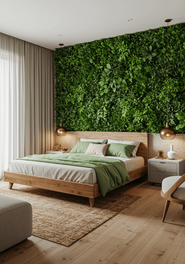 Nature-Inspired Bedroom with Garden Wall & Earthy Tones