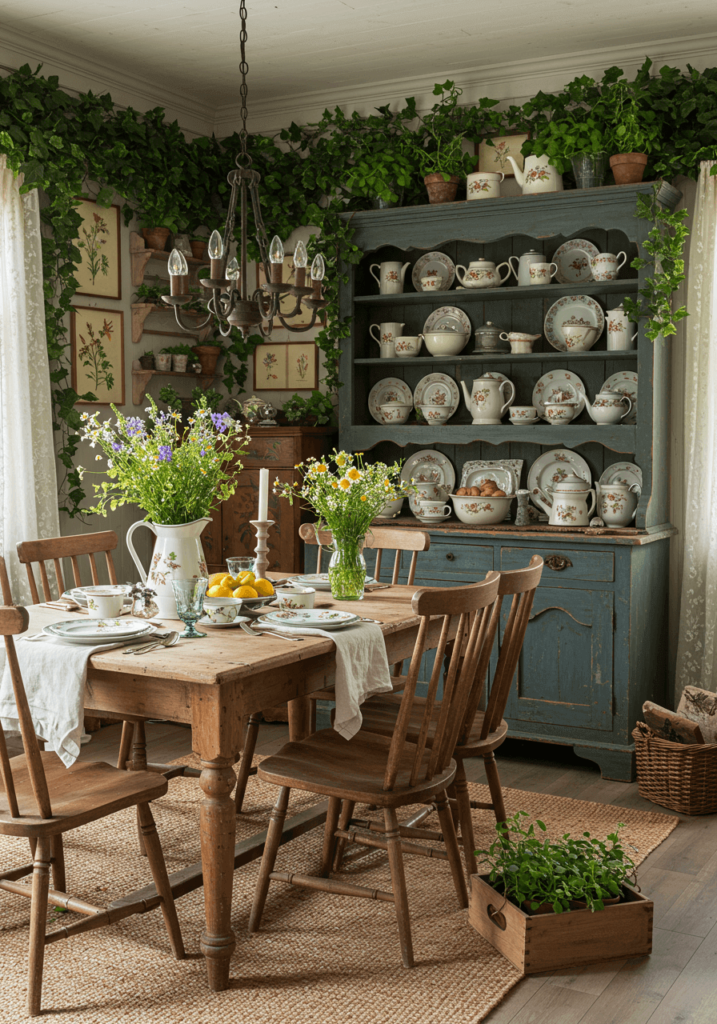 Nature-Inspired Dining Room with Ivy-Covered Walls