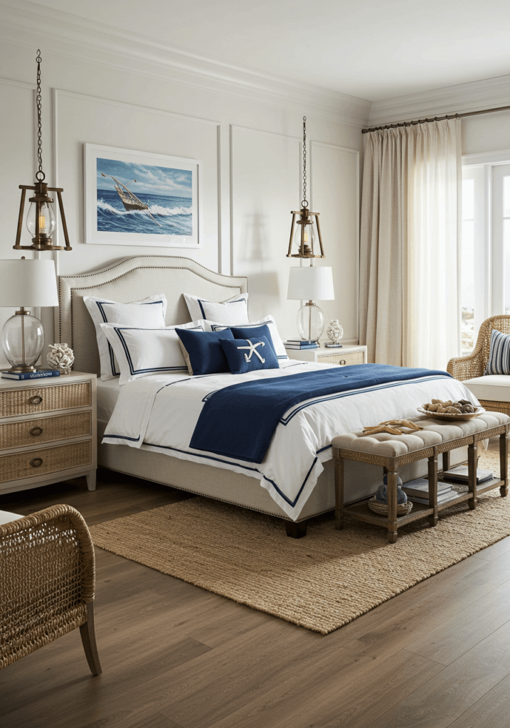 Nautical Bedroom with Rope Accents & Blue Tones