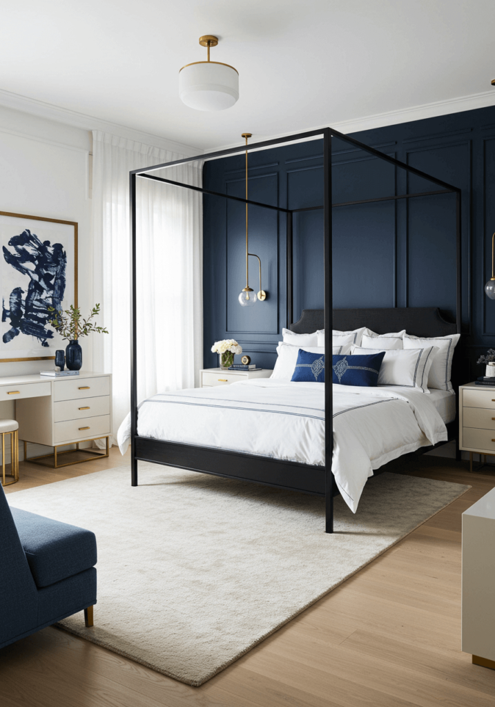 Navy Accent Wall with Canopy Bed & Minimalist Decor