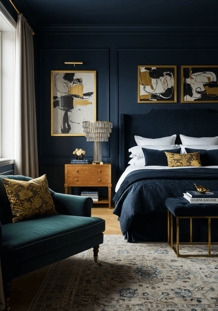 Navy Blue Walls with Elegant Gold Framed Art