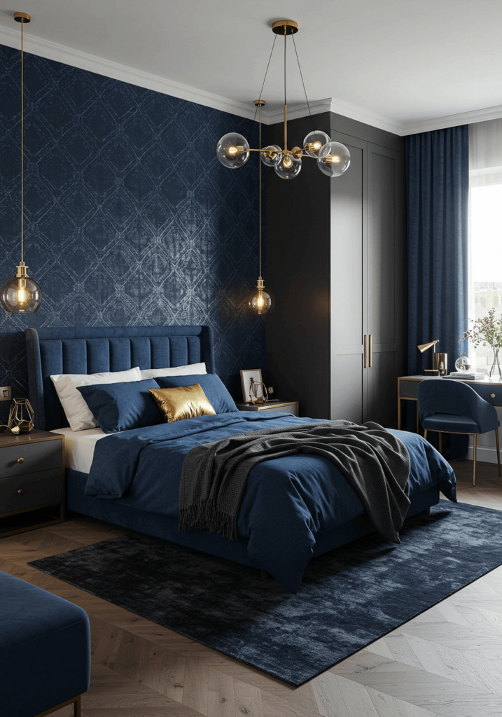 Navy Geometric Wallpaper with Minimalist Furniture