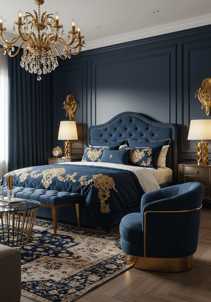 Navy & Gold Bedroom with Luxurious Seating Area